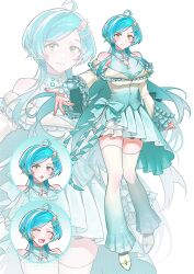  1girl ahoge april_fools aqua_hair baldstorm bare_shoulders bell_sleeves bloomers blue_hair bow breasts bubble cleavage_cutout closed_eyes closed_mouth clothing_cutout commentary_request dress ensemble_stars! fins frilled_dress frills full_body genderswap genderswap_(mtf) gradient_clothes gradient_dress gradient_socks green_eyes hair_ornament head_fins high-low_dress highres jacket jellyfish_cut jewelry korean_commentary lace_trim large_breasts layered_dress leg_warmers long_hair long_sleeves looking_at_viewer multiple_expressions necklace off-shoulder_dress off-shoulder_jacket off_shoulder official_alternate_costume open_mouth pleated_dress pleated_skirt projected_inset seashell shell shinkai_kanata sidelocks simple_background skirt smile swept_bangs thigh-highs thighs translation_request turtleneck turtleneck_dress very_long_hair white_bloomers 