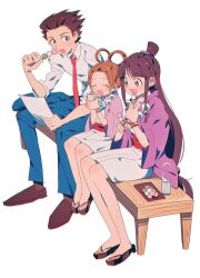  1boy 2girls :d ace_attorney bench black_hair blue_pants blunt_bangs brown_eyes brown_hair brown_shoes child closed_eyes collared_shirt commentary_request cousins cup eating formal_clothes full_body grgrton hair_ornament hair_rings haori happy holding holding_cup japanese_clothes jewelry kimono long_hair low-tied_sidelocks magatama magatama_necklace maya_fey multiple_girls necklace necktie okobo on_bench open_mouth pants parted_bangs pearl_fey phoenix_wright platform_sandals purple_haori red_necktie red_sash sandals sash shirt shoes short_hair short_kimono sidelocks simple_background sitting sleeves_pushed_up smile sphere_hair_ornament spiky_hair topknot white_background white_kimono white_shirt wooden_bench wristband 