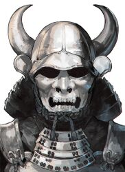  1other aoin armor black_rope commentary_request covered_face dou facing_viewer fake_horns fukigaeshi helmet horned_helmet horns japanese_armor kabuto_(helmet) mask nodowa_(gorget) original portrait rope samurai shikoro shoulder_armor simple_background sode solo white_armor white_background 