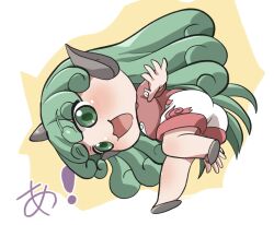  1girl :3 :d a_(phrase) blush brown_sandals chibi chibi_only collared_shirt commentary full_body green_eyes green_hair horns komano_aunn long_hair open_mouth outstretched_arms red_shirt rokugou_daisuke sandals shirt short_sleeves shorts signature single_horn smile solo spread_arms standing standing_on_one_leg touhou white_shorts 