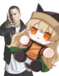  1boy 1girl black_hat black_jacket black_pants blonde_hair closed_mouth commentary_request eminem fumo_(doll) green_skirt hand_in_pocket hat highres jacket looking_at_viewer matara_okina meme mochigumo orange_eyes orange_sleeves orange_tabard pants photo_background real_life shirt skirt tabard touhou white_shirt woe_plague_be_upon_ye_(meme) 