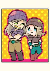  2boys absurdres alternate_costume animal_print beanie bear_print beard belt belt_buckle black_boots blonde_hair blue_eyes boots bridal_gauntlets brown_boots brown_hat brown_hoodie brown_pants buckle chibi chibi_only commentary crossed_arms facial_hair gold_teeth green_belt green_eyes green_pants grey_belt grey_hair gyro_zeppeli hat highres hood hood_down hoodie johnny_joestar jojo_no_kimyou_na_bouken long_hair m_a_a_m_8 male_focus midriff multiple_boys official_alternate_costume outline pants purple_bridal_gauntlets purple_hat purple_hoodie red_outline short_sleeves smile standing star_(symbol) star_print steel_ball_run untranslatable_commentary 