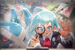  1boy absurdres against_glass aggron armaldo blue_eyes blue_hair collared_shirt commentary_request cradily highres holding holding_magnifying_glass jacket jewelry long_sleeves lower_teeth_only magnifying_glass male_focus metagross mocha_(tcxa9qyw) necktie open_mouth pokemon pokemon_(creature) pokemon_omega_ruby_and_alpha_sapphire red_necktie ring roggenrola shirt short_hair skarmory steven_stone sweatdrop teeth white_shirt 