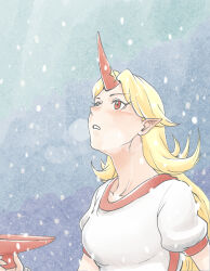  1girl blonde_hair breath collarbone commentary_request cup holding holding_cup horns hoshiguma_yuugi menotama oni pointy_ears puffy_short_sleeves puffy_sleeves red_horns sakazuki shirt short_sleeves single_horn snowing solo touhou white_shirt 