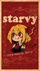  1girl ascot black_vest blonde_hair blood blood_on_mouth bone border closed_mouth collared_shirt commentary_request cropped_shoulders english_text hair_ribbon highres inset_border licking_lips m24kikuchiyo ornate_border poster_(medium) red_ascot red_background red_eyes red_ribbon ribbon rumia shirt short_hair skull smile solo tongue tongue_out touhou vest white_shirt 