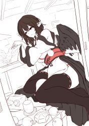  1girl animal bare_shoulders bird black_thighhighs black_wings commentary feathered_wings hat highres kagami_toufu kourindou_tengu_costume obi partially_colored pelvic_curtain pointy_ears pom_pom_(clothes) red_sash sash shameimaru_aya solo thigh-highs tokin_hat touhou unworn_hat unworn_headwear wings 