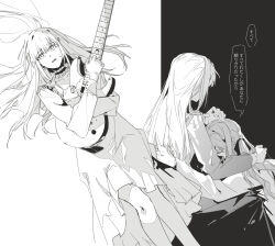  2girls bang_dream! bang_dream!_it's_mygo!!!!! choker commentary_request dress frilled_choker frills greyscale guitar hair_ribbon highres holding holding_guitar holding_instrument hug instrument long_hair long_sleeves lying midori97 monochrome multiple_girls multiple_views on_back open_mouth ribbon sidelocks sitting speech_bubble sweatdrop togawa_sakiko translation_request wakaba_mutsumi 