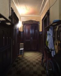  bicycle checkered_floor coat commentary door english_commentary guitar hallway highres indoors instrument liminal_space no_humans original painterly plant potted_plant rsstrv scenery shelf stool 