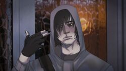  1boy bag bags_under_eyes black_gloves black_hair black_nails bloodshot_eyes commentary cry_of_fear finger_gun finger_gun_to_head fingerless_gloves gloves grey_hoodie head_tilt highres hood hood_up hoodie male_focus nekron171106 photo_background short_hair shoulder_bag simon_henriksson solo strap upper_body 