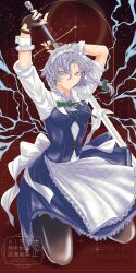  1girl absurdres apron back_bow blue_eyes blue_skirt blue_vest bow braid breasts brown_gloves brown_thighhighs closed_mouth collared_shirt commentary_request fingerless_gloves gloves green_bow green_ribbon grey_hair hair_bow highres holding holding_sword holding_weapon izayoi_sakuya long_hair looking_at_viewer maid_headdress medium_breasts neck_ribbon red_background ribbon shirt skirt smile solo soretsu_nitohei sword thigh-highs touhou twin_braids variant_set vest waist_apron watermark weapon white_apron white_bow white_shirt 