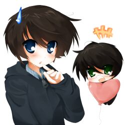  +++ 1990s_(style) 2boys :d adam_lanza ahoge animification balloon black-framed_eyewear black_hair black_pants black_shoes blue_eyes blue_jacket blue_shirt blush brown_hair chibi chibi_inset collared_shirt comedic_sweatdrop commentary double-parted_bangs english_commentary eyes_visible_through_hair fang faux_retro_artstyle glasses green_eyes hair_between_eyes hand_up heart_balloon highres hood hood_down hooded_jacket index_finger_raised jacket long_sleeves looking_at_viewer male_focus multiple_boys nvrhrt open_mouth pants parted_lips plaid_clothes plaid_shirt puffy_long_sleeves puffy_sleeves raised_eyebrow real_life rectangular_eyewear retro_artstyle robert_hawkins semi-rimless_eyewear shirt shoes short_hair simple_background single_eyebrow skin_fang smile solo_focus sweatdrop swept_bangs tongue true_crime under-rim_eyewear upper_body white_background zipper_pull_tab 