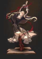  1girl absurdres arms_up blonde_hair blood boots breasts brown_background full_body gem grimms_notes hair_ornament half-closed_eyes highres karen_of_the_red_shoes_(grimms_notes) long_hair looking_at_viewer low_twintails medium_breasts nun nun_headdress pantyhose parted_lips red_boots red_eyes red_gem redhaaaat smile solo tiptoes twintails very_long_hair x_hair_ornament 