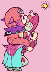  2boys absurdres aqua_cape beanie blue_eyes bridal_gauntlets brown_bridal_gauntlets brown_shirt cape carrying chibi chibi_only cowboy_hat english_commentary feathers goggles goggles_on_headwear green_eyes grey_pants gyro_zeppeli hat highres hood hood_down hoodie horseshoe_hat_ornament horseshoe_ornament johnny_joestar jojo_no_kimyou_na_bouken long_hair m_a_a_m_8 male_focus medium_hair multiple_boys open_mouth outstretched_arm pants piggyback pink_background pink_hair pointing purple_hair purple_hat red_hat red_hoodie red_pants shirt short_sleeves shoulder_carry simple_background spurs squatting star_(symbol) star_print steel_ball_run wristband 