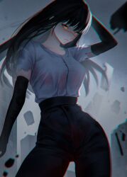  1girl absurdres arm_up black_gloves black_hair black_pants chainsaw_man chromatic_aberration debris elbow_gloves gloves high-waist_pants highres orianareii outdoors overcast pants scar scar_on_cheek scar_on_face scar_on_nose shirt shirt_tucked_in sky solo torn_clothes torn_sleeves white_shirt yellow_eyes yoru_(chainsaw_man) 