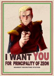  1boy blonde_hair char's_counterattack char_aznable commentary_request dotbit3 english_text engrish_text gundam highres military_rank_insignia military_uniform neo_zeon parody pointing pointing_at_viewer ranguage science_fiction style_parody 