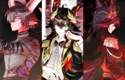  animal_ears ariadusts arknights black_bow black_cape black_hair bow cape ebenholz_(arknights) ebenholz_(eine_variation)_(arknights) epaulettes facing_away hand_on_own_cheek hand_on_own_face hildegard_grimmachte_(arknights) horns laurel_crown lessing_(arknights) long_hair looking_at_viewer serious sheep_boy sheep_ears sheep_girl short_hair smile upper_body 