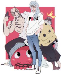  barefoot black_eyes black_pants branch_from_eye closed_mouth cursed_spirit_(jujutsu_kaisen) dagon_(jujutsu_kaisen) denim grey_hair hanami hanami_(jujutsu_kaisen) hands_in_pockets highres jeans jogo_(jujutsu_kaisen) jujutsu_kaisen kippotle long_hair mahito_(jujutsu_kaisen) pants shirt signature stitched_arm stitched_face stitched_neck stitches volcano white_shirt 