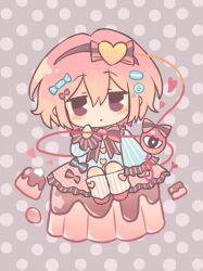  1girl blue_shirt bow bowtie brown_background brown_hairband buttons candy_hair_ornament chibi chibi_only eyeball food food-themed_hair_ornament frilled_shirt_collar frilled_sleeves frills gelatin hair_ornament hairband heart heart_button heart_hair_ornament komeiji_satori long_sleeves looking_at_viewer mini_person minigirl pink_bow pink_bowtie pink_hair pink_skirt polka_dot polka_dot_background shirt silverrain sitting skirt solo third_eye touhou wide_sleeves 