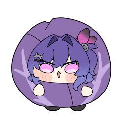  1girl black_jacket cabbage chibi choker commentary_request copyright_request flat_chest food goth_fashion highres jacket prune_(genshin_impact) purple_hair shinonome_nashi side_ponytail violet_eyes 