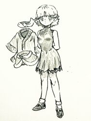  1girl arms_behind_back breasts closed_mouth commentary_request dress full_body looking_at_viewer menotama mizuhashi_parsee multi-source_commentary pointy_ears scarf shirt shoes short_hair sleeveless sleeveless_dress small_breasts socks solo touhou traditional_media turtleneck turtleneck_dress unworn_clothes 