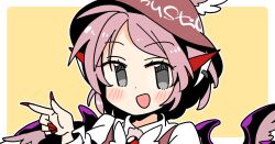  1girl :d animal_ears bird_ears bird_girl bird_wings blush border brown_hat collared_shirt commentary dot_nose earrings fingernails grey_eyes hand_up hat ini_(inunabe00) jewelry long_fingernails long_sleeves looking_at_viewer mystia_lorelei nail_polish open_mouth outline outside_border pink_hair portrait red_nails shirt short_hair simple_background single_earring smile solo touhou white_border white_outline white_shirt winged_hat wings yellow_background 