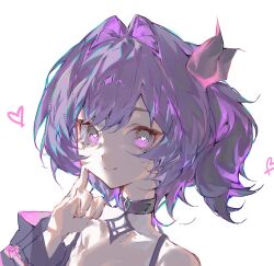  1girl black_jacket choker commentary_request copyright_request flat_chest goth_fashion haru_1un heart heart-shaped_pupils highres jacket prune_(genshin_impact) purple_hair side_ponytail smile symbol-shaped_pupils violet_eyes 