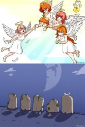  5girls absurdres angel_wings braid bun_with_braided_base character_name collarbone commentary dress english_commentary feathers god_of_school_idols hair_bun halo highres hinoshita_kaho kosaka_honoka krakelak link!_like!_love_live! long_hair love_live! love_live!_nijigasaki_high_school_idol_club love_live!_school_idol_festival love_live!_school_idol_festival_2 love_live!_school_idol_festival_all_stars love_live!_school_idol_project love_live!_sunshine!! love_live!_superstar!! medium_dress medium_hair meme moss multiple_girls nesoberi night one_side_up orange_hair puchiguru_love_live! shibuya_kanon single_feather single_hair_bun skips_sitting_next_to_graves_(meme) sleeveless sleeveless_dress takami_chika tombstone traditional_halo twitter_username two_side_up uehara_ayumu violet_eyes white_dress white_feathers white_wings wings yellow_eyes yellow_halo 