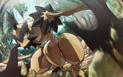  commentary_request debris hakuginnosora highres kleavor motion_blur no_humans outdoors pokemon pokemon_(creature) pokemon_focus solo tree v-shaped_eyes 