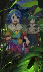  2girls antennae black_cape black_shorts blue_eyes blue_hair boots bug cape closed_mouth collared_shirt commentary_request dauchimk_1 dress firefly glowing green_eyes green_hair hairband hands_on_own_hips highres holding holding_boots holding_own_dress holding_unworn_clothes long_sleeves multicolored_dress multicolored_hairband multiple_girls night open_mouth outdoors patchwork_clothes rainbow_gradient rainbow_hairband red_cape shirt short_hair shorts smile teeth tenkyuu_chimata touhou two-sided_cape two-sided_fabric unworn_boots upper_teeth_only white_cape white_shirt wriggle_nightbug 