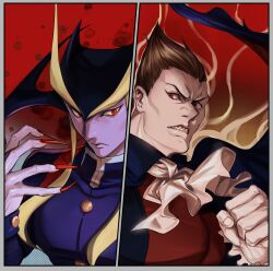  2boys angry ascot border brown_hair cape clenched_hand clenched_teeth closed_mouth colored_skin darkstalkers demitri_maximoff dual_persona fingernails frown gloves grey_border grey_skin hair_slicked_back highres jacket jedah_dohma long_fingernails male_focus multiple_boys muscular muscular_male protected_link purple_skin red_eyes red_nails rozavamp school_uniform sharp_fingernails sharp_teeth spiky_hair teeth upper_body vampire white_ascot 