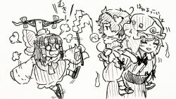  4girls ascot bow buttons carrying carrying_person commentary_request detached_sleeves foul_detective_satori frilled_bow frilled_hair_tubes frilled_kimono frilled_sleeves frills gap_(touhou) hair_bow hair_ornament hair_tubes hairband hakurei_reimu hat heart heart_button heart_hair_ornament hitodama japanese_clothes kimono komeiji_satori long_hair menotama mob_cap multi-source_commentary multiple_girls obi open_mouth piggyback ribbon-trimmed_sleeves ribbon_trim saigyouji_yuyuko sash shoes sleeve_garter socks speech_bubble touhou traditional_media translation_request triangular_headpiece yakumo_yukari 