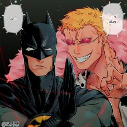  2boys bat_mask batman batman_(series) batman_symbol blonde_hair bodysuit coat commentary_request crossover dc_comics domino_mask donquixote_doflamingo earrings english_text eye_mask grey_bodysuit grin highres jewelry korean_commentary male_focus mask multiple_boys one_piece pink_coat porkcutlet_lipo shirt short_hair smile speech_bubble sunglasses superhero_costume thread white_shirt 
