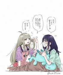  2girls ? ?? apron black_hair brown_hair cho_kaguya-hime! commentary fish green_eyes green_shirt highres holding_own_hair ichi27ichi kaguya_(cho_kaguya-hime!) mask mouth_mask multiple_girls open_mouth orange_eyes purple_shirt sakayori_iroha shirt sick speech_bubble stuffed_animal stuffed_dinosaur stuffed_toy surgical_mask twitter_username under_covers 
