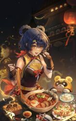  1girl 1other architecture bare_shoulders black_gloves blue_hair bow bowl braid building char_siu chili_pepper chinese_clothes chopsticks east_asian_architecture egg fingerless_gloves food genshin_impact gloves guoba_(genshin_impact) hair_ornament hair_rings hairclip highres holding holding_chopsticks lantern looking_at_viewer mushroom noodles omelet open_mouth paper_lantern plate ramen red_bow saii0narry short_hair sitting smile table tamagoyaki tofu upper_body xiangling_(genshin_impact) yellow_eyes 