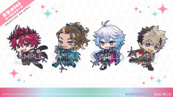  4boys ahoge akoramble antenna_hair black_jacket black_pants blue_coat blue_hair braid brown_hair cape coat coat_on_shoulders copyright_notice crimzon_ruze crown ear_piercing fangs goldbullet green_cape green_scarf holding holding_microphone holding_microphone_stand holoarmis holostars holostars_english jacket jurard_t_rexford long_hair male_focus microphone microphone_stand multicolored_hair multiple_boys multiple_braids octavio official_art pants pencil pencil_in_hair piercing pink_eyes pointy_ears ponytail red_coat red_eyes red_hair sample_watermark scarf sharp_teeth short_hair slit_pupils sparkle streaked_hair teeth tri_braids triangle_background two-sided_coat two-sided_fabric two-tone_hair violet_eyes virtual_youtuber watermark yellow_eyes 