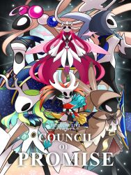  ceres_fauna commentary hakos_baelz halo hollow_knight holocouncil hololive hololive_english holopromise hood hood_up irys_(hololive) leaf long_hair marus_circle nanashi_mumei ouro_kronii star_(sky) tsukumo_sana very_long_hair white_halo 