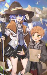  1boy 1girl absurdres ahoge bird blue_eyes blue_hair brown_capelet brown_hair capelet cloak clouds commentary_request feathers green_eyes hat highres holding holding_staff humany mage_staff mole mole_under_eye mushoku_tensei open_hand open_mouth outdoors pages pigeon roxy_migurdia rudeus_greyrat sky staff witch_hat 