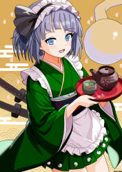  1girl alternate_costume apron blue_eyes commentary_request cup dated egasumi green_hair green_kimono grey_hair hairband highres hitodama hitodama_print holding holding_tray japanese_clothes katana kimono konpaku_youmu konpaku_youmu_(ghost) looking_at_viewer maid maid_headdress medium_hair mist9801km obi open_mouth sash seigaiha sheath sheathed smile solo sword sword_on_back teapot touhou tray wa_maid waist_apron weapon weapon_on_back white_apron yunomi 
