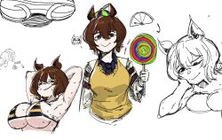  agnes_tachyon_(tach-nology)_(umamusume) agnes_tachyon_(umamusume) animal_ears arms_up bikini black_bikini black_shirt breast_press breasts brown_hair brown_sweater candy collared_shirt food hair_between_eyes highres holding holding_candy holding_food horse_ears horse_girl huge_breasts lab_coat naw04q open_clothes pantyhose parted_lips shirt sweater swimsuit umamusume 