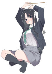  1girl absurdres awa_subaru black_hair blush drumsticks girls_band_cry green_skirt highres holding holding_drumsticks kawai_ritsu_(rits_meg) long_hair looking_at_viewer multicolored_hair roots_(hair) shirt simple_background sitting skirt smile solo white_background white_shirt 