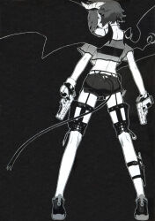  1girl absurdres ass back back_focus bare_shoulders black_gloves black_tail black_wings bracelet character_request copyright_request demon_girl demon_horns demon_tail demon_wings dual_wielding facing_away from_behind gloves highres holding holding_weapon horns jewelry knife lace_trim miwa_shirow scan see-through_clothes shoes short_hair short_shorts shorts simple_background sneakers solo tail weapon wings 