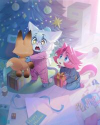  +_+ 2girls aged_down animal_ears animal_nose aqua_pants aqua_sweater awestruck blue_eyes box cat_ears cat_girl cat_tail child christmas christmas_ornaments christmas_stocking christmas_tree chromatic_aberration commentary dice food furry furry_female gift gift_box handheld_game_console highres holding holding_stuffed_toy indoors inuki_(aruurara) light_particles multiple_girls open_mouth original pajamas pants pink_hair pink_pajamas pinstripe_pattern popcorn round_teeth sidelighting sitting standing stuffed_fox stuffed_toy sweater tail teeth wariza white_hair wooden_floor 