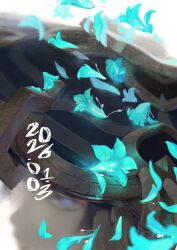  1boy aqua_flower aqua_petals black_hat blurry closed_mouth commentary_request dated daydreeaaaming depth_of_field eyeliner fingernails flower flower_on_head from_above genshin_impact gold gold_ring hand_up hat hat_tip highres jingasa looking_at_viewer makeup male_focus middle_ring petals red_eyeliner scaramouche_(genshin_impact) solo tsurime violet_eyes wanderer_(genshin_impact) white_background 