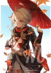  1boy armor autumn_leaves bandaged_arm bandages black_gloves commentary_request crossed_bangs dated fingerless_gloves genshin_impact gloves hair_between_eyes highres holding holding_umbrella japanese_armor japanese_clothes kaedehara_kazuha leaf looking_at_viewer male_focus multicolored_hair oil-paper_umbrella ponytail red_eyes red_hair simple_background situki solo streaked_hair twitter_username umbrella watermark white_hair 
