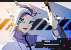  1boy atltax_00 black_trim blonde_hair blue_eyes border card coat dappled_sunlight facing_to_the_side glitch hand_up holding holding_card letterboxed light_particles male_focus open_clothes open_coat open_mouth ornate_border parted_hair shade shirt spectre_(yu-gi-oh!) sunlight upper_body white_background white_coat white_shirt yellow_trim yu-gi-oh! yu-gi-oh!_vrains 