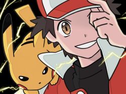  baseball_cap black_background black_hair black_shirt brown_eyes collared_shirt commentary_request electricity grin hat hat_tip highres jacket on_shoulder pikachu pokemon pokemon_(creature) pokemon_on_shoulder pokenasi portrait red_(pokemon) red_hat red_jacket shirt short_hair smile teeth two-tone_hat 