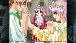  1boy 1nd_protagonist 2000s_(style) 2girls ahoge anime_coloring atelier-moo black_hair bow breasts brown_eyes brown_hair clenched_teeth collared_shirt faceless faceless_male flower game_cg green_eyes hair_between_eyes hair_bow hair_ribbon indoors large_variant_set laura_newfield leaf long_hair long_sleeves multiple_girls non-web_source official_art open_mouth pink_bow pink_hair pink_ribbon raised_inner_eyebrows red_shawl ribbon rose shawl sheela_sheffield shirt smile standing teeth variant_set white_shirt yellow_flower yellow_rose yuukyuu_gensoukyoku 