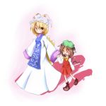  animal_ears blonde_hair brown_hair cat_ears cat_tail cat_tails chen earrings fox_tail hand_holding hat holding_hands jewelry morooo2 multiple_girls multiple_tails short_hair tail touhou walking yakumo_ran 