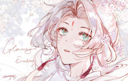  1girl branch cherry_blossoms circle_facial_mark collar compasss earrings english_text facial_mark flower forehead_mark green_hair hair_flower hair_ornament head_only highres jewelry long_hair looking_up mark_under_both_eyes original pink_pupils solo white_collar white_flower white_hair 