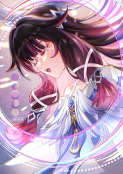  1girl bare_shoulders black_hair blue_gem brooch closed_eyes columbina_(genshin_impact) commentary crescent crescent_ornament dress eye_mask from_side gem genshin_impact hair_ornament head_wings highres jewelry long_hair mask mikanchii moon_phases multicolored_hair open_mouth profile purple_hair solo teeth untranslatable_commentary upper_body upper_teeth_only white_dress white_mask white_wings wings x-shaped_eyewear x_hair_ornament 